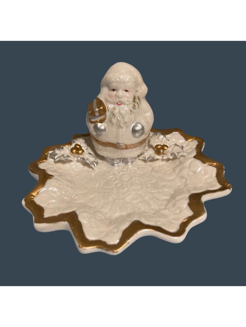 Vintage White Santa Claus Trinket Dish With Gold & Silver Accents Holly Design